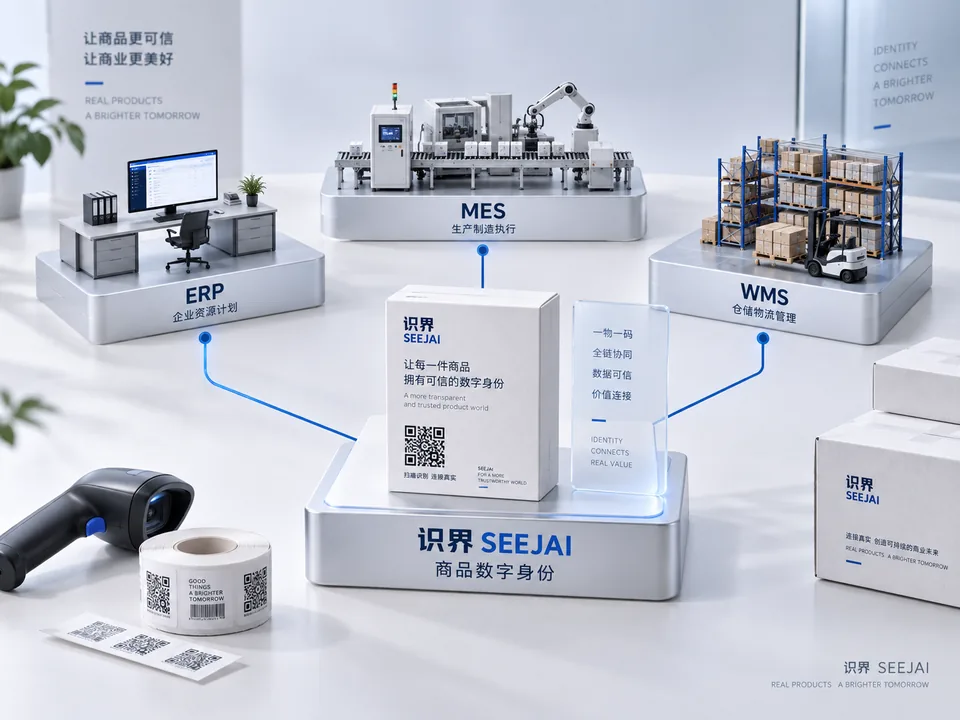 系统协同概念图:ERP、MES、WMS 通过数据接口连接识界商品数字身份与现场采集