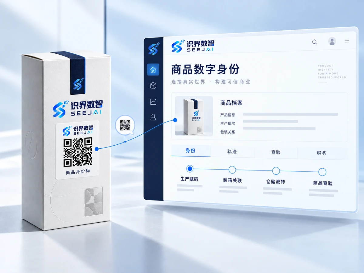 识界商品数字身份与生产赋码、装箱关联、仓储流转的场景示意，非真实客户系统截图